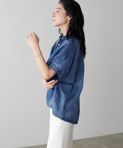 ブラウス シャツ 「LARUTA」2WAYフレンチスリーブデニム風シャツ レディース LARUTA】2WAYフレンチスリーブデニム風シャツ（シャツ/ブラウス