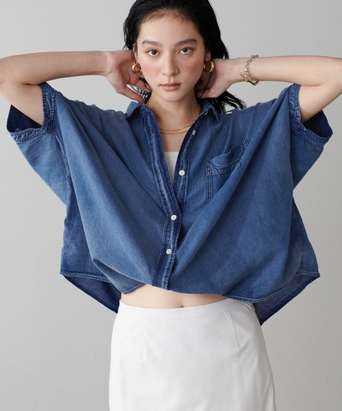 ブラウス シャツ 「LARUTA」2WAYフレンチスリーブデニム風シャツ レディース LARUTA ブラウス シャツ 「LARUTA」2WAYフレンチスリーブデニム