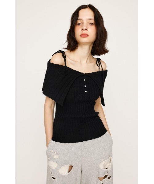 SLY(スライ)の「OFFSHOULDER RIB HG TOPS オフショルダー リブ ハイゲージ トップス 夏服 秋服 半袖(ニット/セーター・レディース・ブラック/パープル・FREE)」の4枚目の写真