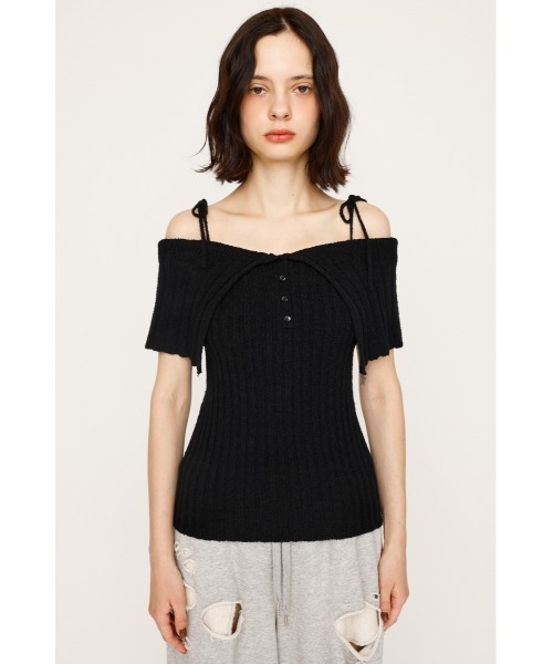 SLY(スライ)の「OFFSHOULDER RIB HG TOPS オフショルダー リブ ハイゲージ トップス 夏服 秋服 半袖(ニット/セーター・レディース・ブラック/パープル・FREE)」の5枚目の写真