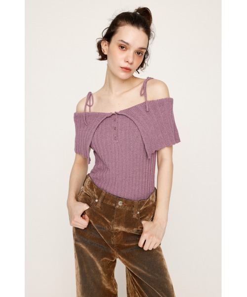 SLY(スライ)の「OFFSHOULDER RIB HG TOPS オフショルダー リブ ハイゲージ トップス 夏服 秋服 半袖(ニット/セーター・レディース・ブラック/パープル・FREE)」の6枚目の写真