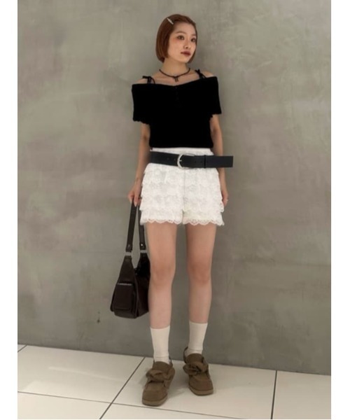 SLY(スライ)の「OFFSHOULDER RIB HG TOPS オフショルダー リブ ハイゲージ トップス 夏服 秋服 半袖(ニット/セーター・レディース・ブラック/パープル・FREE)」の14枚目の写真