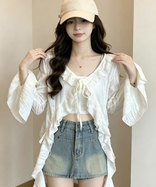 gossip！ロサンゼルス（ゴシップロサンゼルス）の「ダメージ加工 ベルスリーブシアーカーディガン（カーディガン/ボレロ・レディース・ブラック/グレー/オフホワイト・L/S/M）」の2枚目の写真