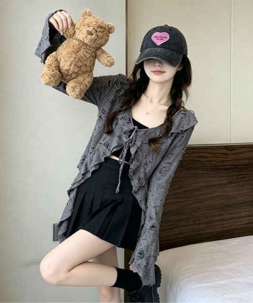 gossip！ロサンゼルス（ゴシップロサンゼルス）の「ダメージ加工 ベルスリーブシアーカーディガン（カーディガン/ボレロ・レディース・ブラック/グレー/オフホワイト・L/S/M）」の6枚目の写真