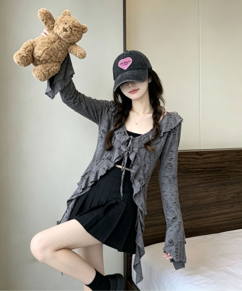 gossip！ロサンゼルス（ゴシップロサンゼルス）の「ダメージ加工 ベルスリーブシアーカーディガン（カーディガン/ボレロ・レディース・ブラック/グレー/オフホワイト・L/S/M）」の10枚目の写真