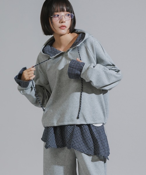 Chick（チック）の「Checkered Shirt Fabric Docking Jersey Set / チェックシャツ生地ドッキング ジャージーセットアップ（セットアップ・レディース・ネイビー/グレー・FREE）」の12枚目の写真