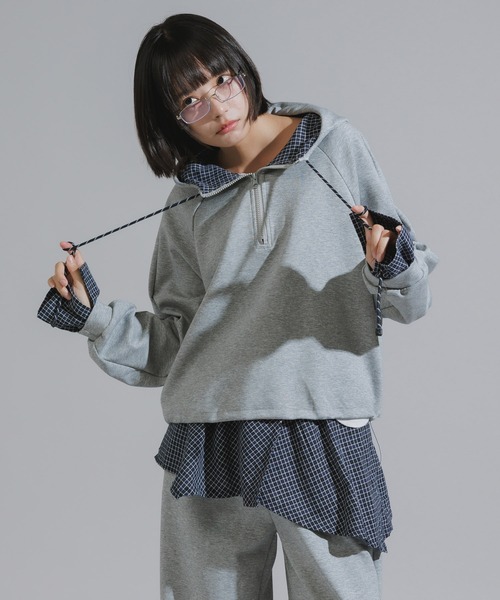 Chick（チック）の「Checkered Shirt Fabric Docking Jersey Set / チェックシャツ生地ドッキング ジャージーセットアップ（セットアップ・レディース・ネイビー/グレー・FREE）」の8枚目の写真