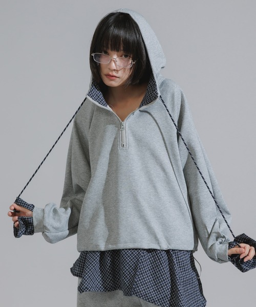 Chick（チック）の「Checkered Shirt Fabric Docking Jersey Set / チェックシャツ生地ドッキング ジャージーセットアップ（セットアップ・レディース・ネイビー/グレー・FREE）」の20枚目の写真