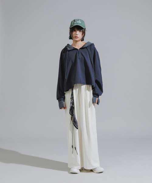 Chick（チック）の「Checkered Shirt Fabric Docking Jersey Set / チェックシャツ生地ドッキング ジャージーセットアップ（セットアップ・レディース・ネイビー/グレー・FREE）」の7枚目の写真