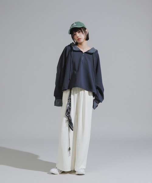 Chick（チック）の「Checkered Shirt Fabric Docking Jersey Set / チェックシャツ生地ドッキング ジャージーセットアップ（セットアップ・レディース・ネイビー/グレー・FREE）」の15枚目の写真