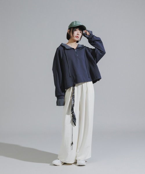 Chick（チック）の「Checkered Shirt Fabric Docking Jersey Set / チェックシャツ生地ドッキング ジャージーセットアップ（セットアップ・レディース・ネイビー/グレー・FREE）」の16枚目の写真