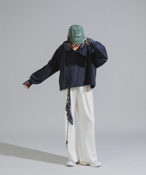 Chick（チック）の「Checkered Shirt Fabric Docking Jersey Set / チェックシャツ生地ドッキング ジャージーセットアップ（セットアップ・レディース・ネイビー/グレー・FREE）」の21枚目の写真