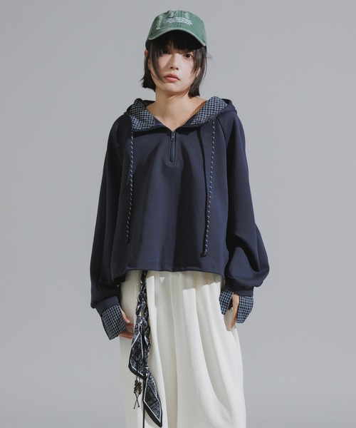 Chick（チック）の「Checkered Shirt Fabric Docking Jersey Set / チェックシャツ生地ドッキング ジャージーセットアップ（セットアップ・レディース・ネイビー/グレー・FREE）」の10枚目の写真