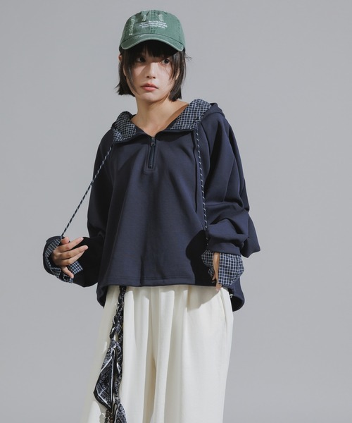 Chick（チック）の「Checkered Shirt Fabric Docking Jersey Set / チェックシャツ生地ドッキング ジャージーセットアップ（セットアップ・レディース・ネイビー/グレー・FREE）」の18枚目の写真