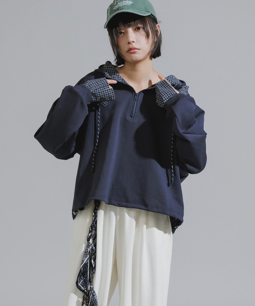 Chick（チック）の「Checkered Shirt Fabric Docking Jersey Set / チェックシャツ生地ドッキング ジャージーセットアップ（セットアップ・レディース・ネイビー/グレー・FREE）」の11枚目の写真