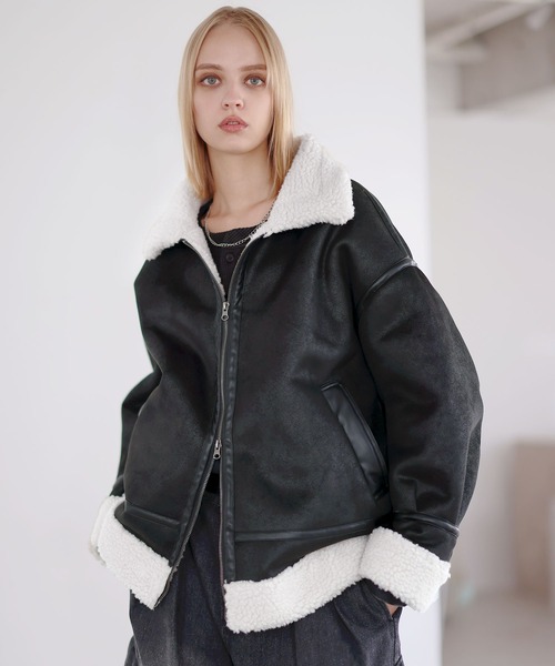 IA ムートンコート ダブルジップ裏ボアフェイクムートンジャケット（ムートンコート