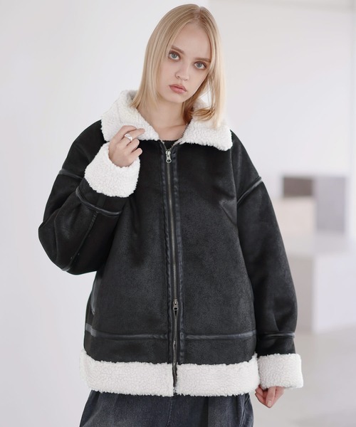 ダブルジップ裏ボアフェイクムートンジャケット（ムートンコート