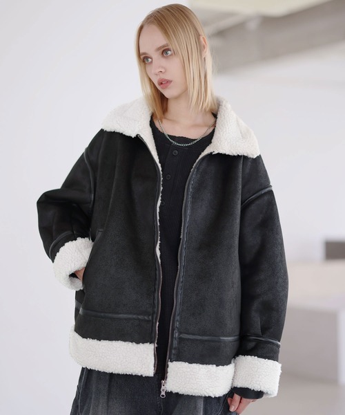 セール】ダブルジップ裏ボアフェイクムートンジャケット（ムートン