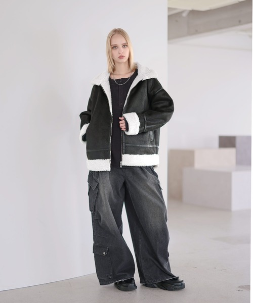 ダブルジップ裏ボアフェイクムートンジャケット（ムートンコート