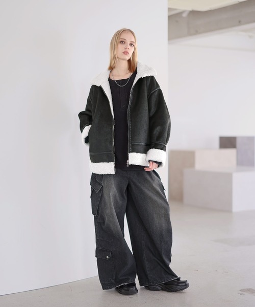 ダブルジップ裏ボアフェイクムートンジャケット（ムートンコート