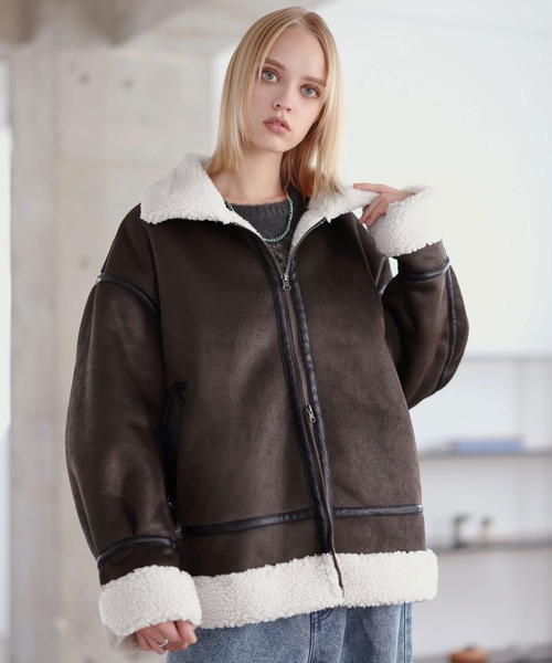 ダブルジップ裏ボアフェイクムートンジャケット（ムートンコート