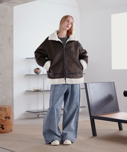 ダブルジップ裏ボアフェイクムートンジャケット（ムートンコート