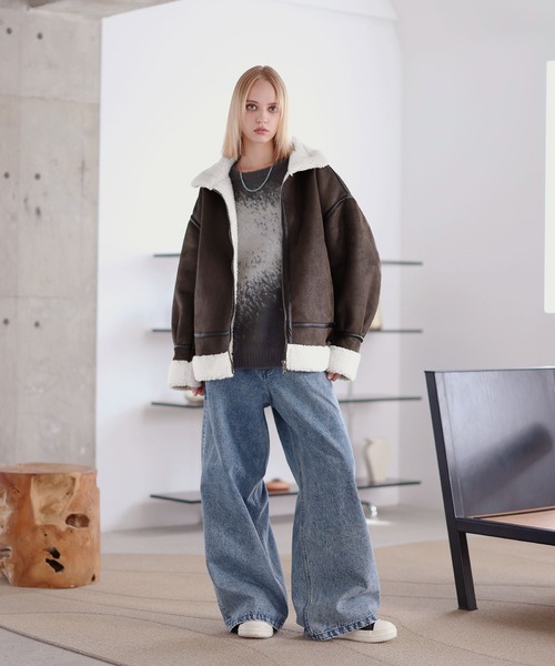 セール】ダブルジップ裏ボアフェイクムートンジャケット（ムートン