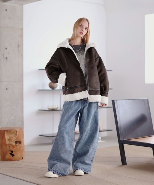 ダブルジップ裏ボアフェイクムートンジャケット（ムートンコート