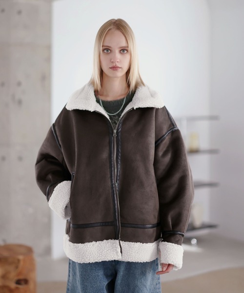 ダブルジップ裏ボアフェイクムートンジャケット（ムートンコート