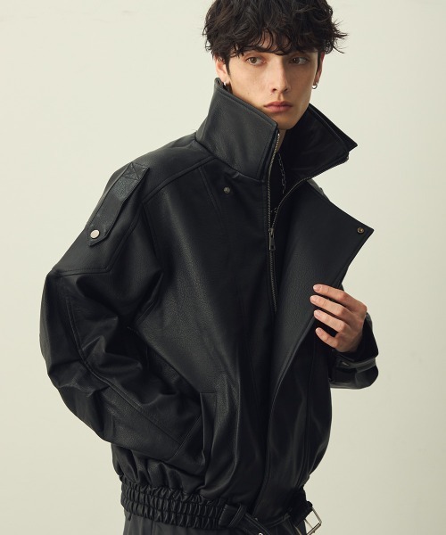 セール】Stand-collar synthetic leather jacket / スタンドカラー合成