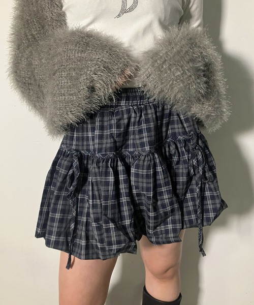 .KOM（ドットコム）の「A'GEM/9 × .kom 『.KOM/ドットケーオーエム』Ribbon Gather Check Mini Skirt／リボンギャザー チェックミニスカート（スカート・レディース・ブラウン/ブラック/ブルー・FREE）」の3枚目の写真