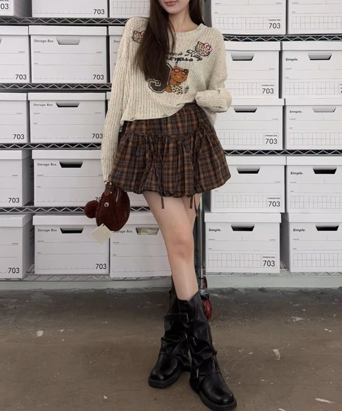 .KOM（ドットコム）の「A'GEM/9 × .kom 『.KOM/ドットケーオーエム』Ribbon Gather Check Mini Skirt／リボンギャザー チェックミニスカート（スカート・レディース・ブラウン/ブラック/ブルー・FREE）」の9枚目の写真