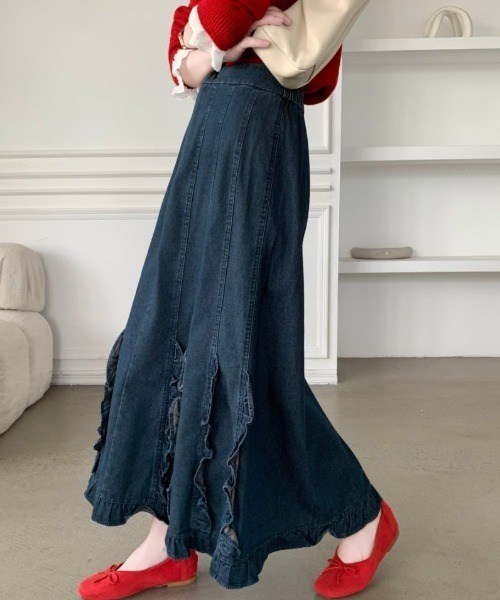 ABITOKYO(アビトーキョー)の「フリルドッキングデニムマーメイドスカート(デニムスカート・レディース・インディゴブルー/ブラック/ネイビー・FREE)」の4枚目の写真