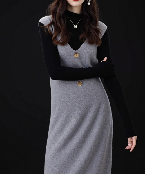 cammie(キャミー)の「ボタン付きニットジャンパースカート(ワンピース・レディース・ベージュ/グレー/グレイッシュベージュ・F)」の7枚目の写真