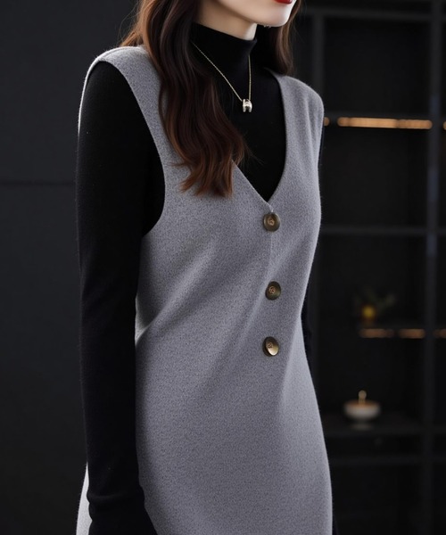 cammie(キャミー)の「ボタン付きニットジャンパースカート(ワンピース・レディース・ベージュ/グレー/グレイッシュベージュ・F)」の6枚目の写真
