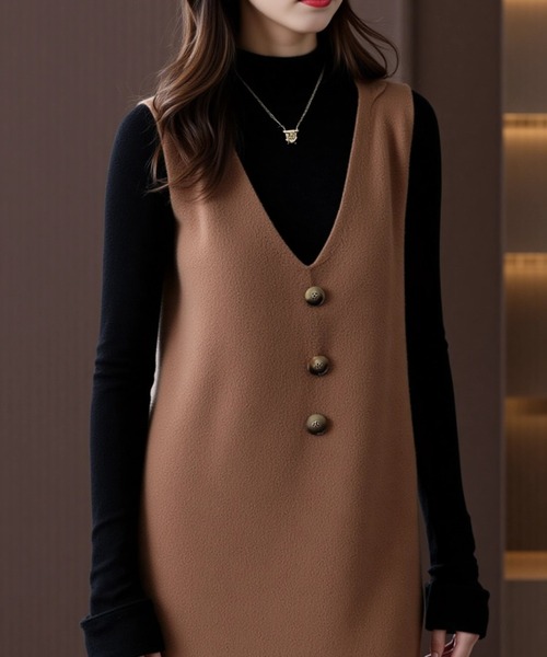 cammie(キャミー)の「ボタン付きニットジャンパースカート(ワンピース・レディース・ベージュ/グレー/グレイッシュベージュ・F)」の10枚目の写真