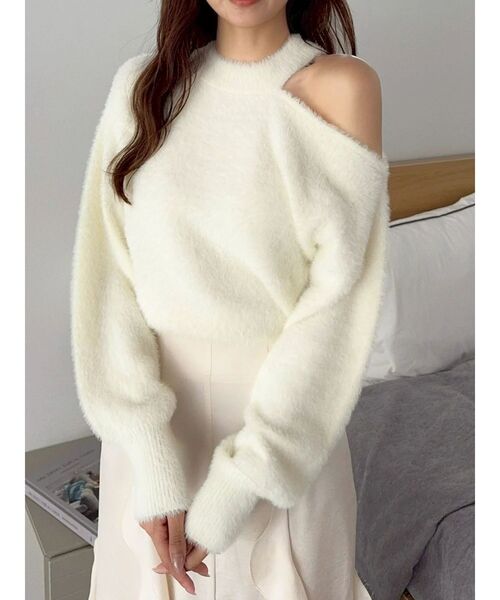 dazzlin（ダズリン）の「ワンショルミニシャギーニットトップス（ニット/セーター・レディース・ピンク/グレー/オフホワイト/ネイビー・FREE）」の10枚目の写真