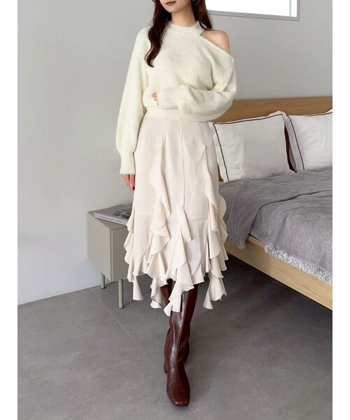 dazzlin（ダズリン）の「ワンショルミニシャギーニットトップス（ニット/セーター・レディース・ピンク/グレー/オフホワイト/ネイビー・FREE）」の9枚目の写真