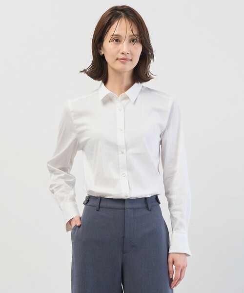 J.PRESS Ladies(J.プレス レディス)の「BEZコットンナイロン ストライプ シャツカラー ブラウス(シャツ/ブラウス・レディース・ホワイト系/サックスブルー系1/イエロー系1/ピンク系1・XS)」の1枚目の写真