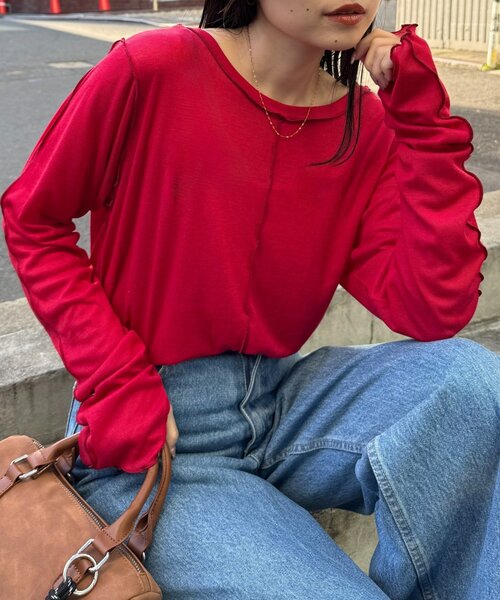 CIAOPANIC TYPY(チャオパニックティピー)の「【春まで使える!】前後2wayワンポイントロゴ刺繍シアーメロウトップス(Tシャツ/カットソー・レディース・サックスブルー/ブラウン/ピンク/レッド/ネイビー/イエロー・ONE SIZE)」の6枚目の写真