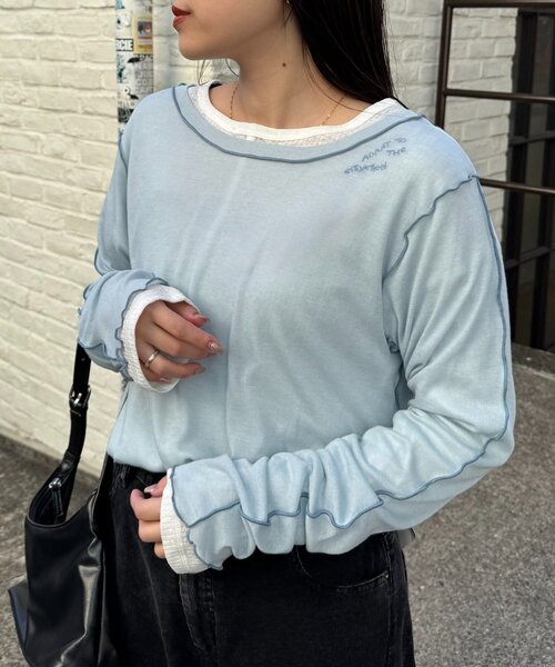 CIAOPANIC TYPY(チャオパニックティピー)の「【春まで使える!】前後2wayワンポイントロゴ刺繍シアーメロウトップス(Tシャツ/カットソー・レディース・サックスブルー/ブラウン/ピンク/レッド/ネイビー/イエロー・ONE SIZE)」の4枚目の写真