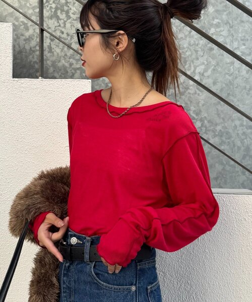 CIAOPANIC TYPY(チャオパニックティピー)の「【春まで使える!】前後2wayワンポイントロゴ刺繍シアーメロウトップス(Tシャツ/カットソー・レディース・サックスブルー/ブラウン/ピンク/レッド/ネイビー/イエロー・ONE SIZE)」の7枚目の写真