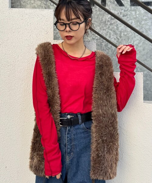 CIAOPANIC TYPY(チャオパニックティピー)の「【春まで使える!】前後2wayワンポイントロゴ刺繍シアーメロウトップス(Tシャツ/カットソー・レディース・サックスブルー/ブラウン/ピンク/レッド/ネイビー/イエロー・ONE SIZE)」の9枚目の写真