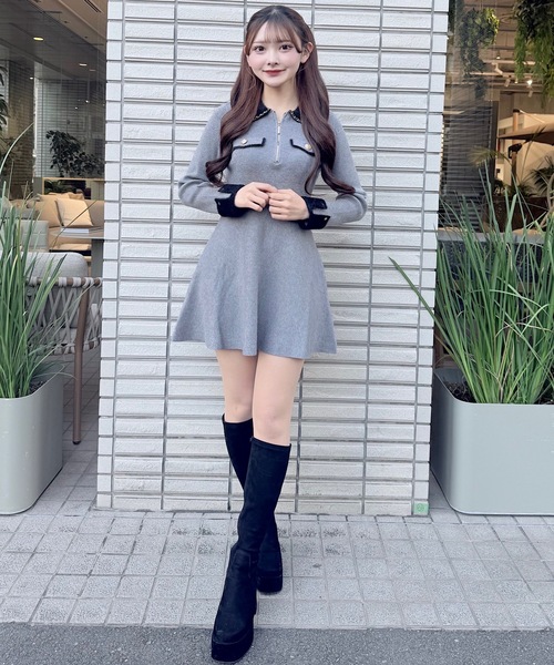 グレー ニット ミニワンピース 長袖　NOMAE one way セール】チェーンカラーZIPニットワンピース（ワンピース）｜NOMAE