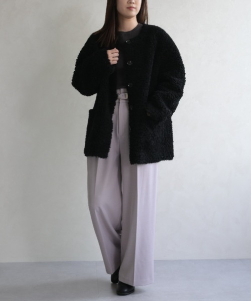 31 Sons de mode(トランテアン ソン ドゥ モード)の「ノーカラーボアコート(ノーカラージャケット・レディース・ブラック/アイボリー・フリ-)」の13枚目の写真