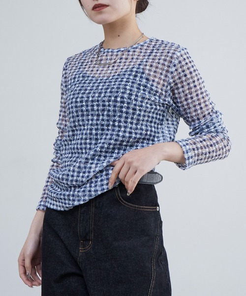 Lui's(ルイス)の「レースチェックプリントトップス(Tシャツ/カットソー・レディース・ブラック/ネイビー・FREE)」の2枚目の写真