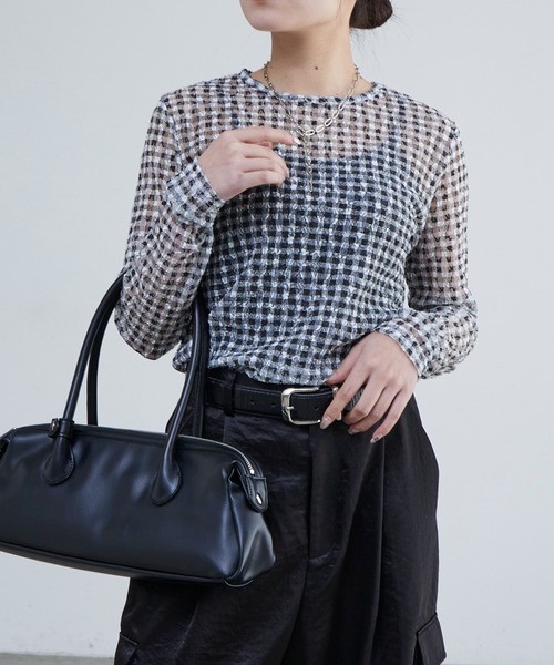 Lui's(ルイス)の「レースチェックプリントトップス(Tシャツ/カットソー・レディース・ブラック/ネイビー・FREE)」の1枚目の写真