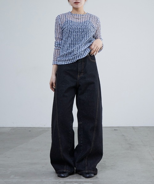 Lui's(ルイス)の「レースチェックプリントトップス(Tシャツ/カットソー・レディース・ブラック/ネイビー・FREE)」の6枚目の写真