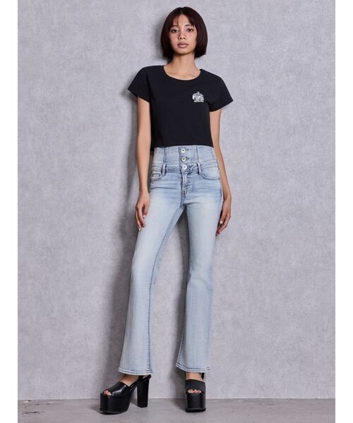 GYDA（ジェイダ）の「ハイウエストBACKクロスフレアパンツ（デニムパンツ・レディース・ブラック/ライトブルー/インディゴブルー・X-SMALL/SMALL/MEDIUM）」の11枚目の写真