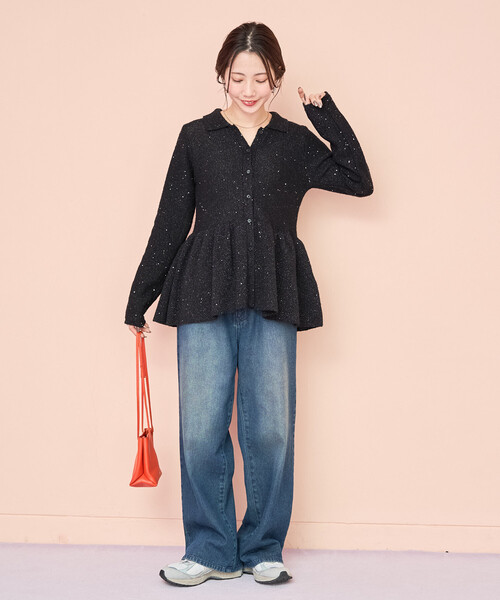 限定展開 襟付き スパンコール ペプラム カーディガン（ニット